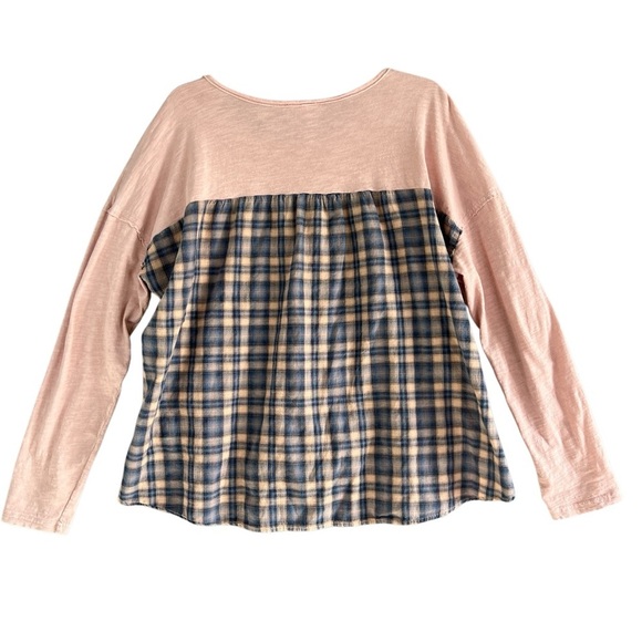 EASEL Long Sleeve Pocket tee Plain Front Pink Blue Plaid Back Size Medium - Picture 2 of 6